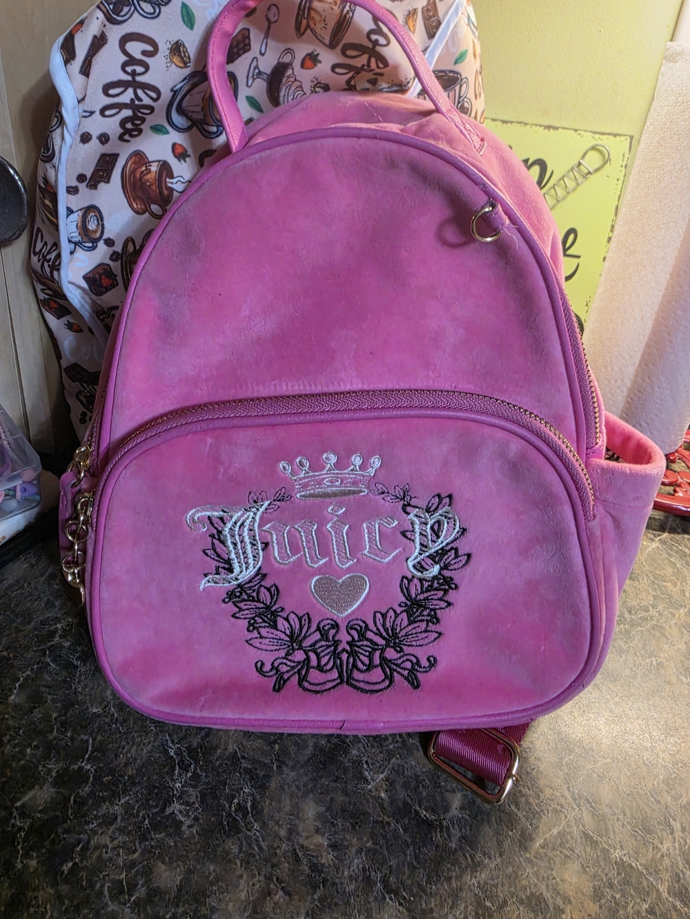 Juicy Couture Juicy Couture Hot Pink Mini Velvet Backpack with Embroidered Crest